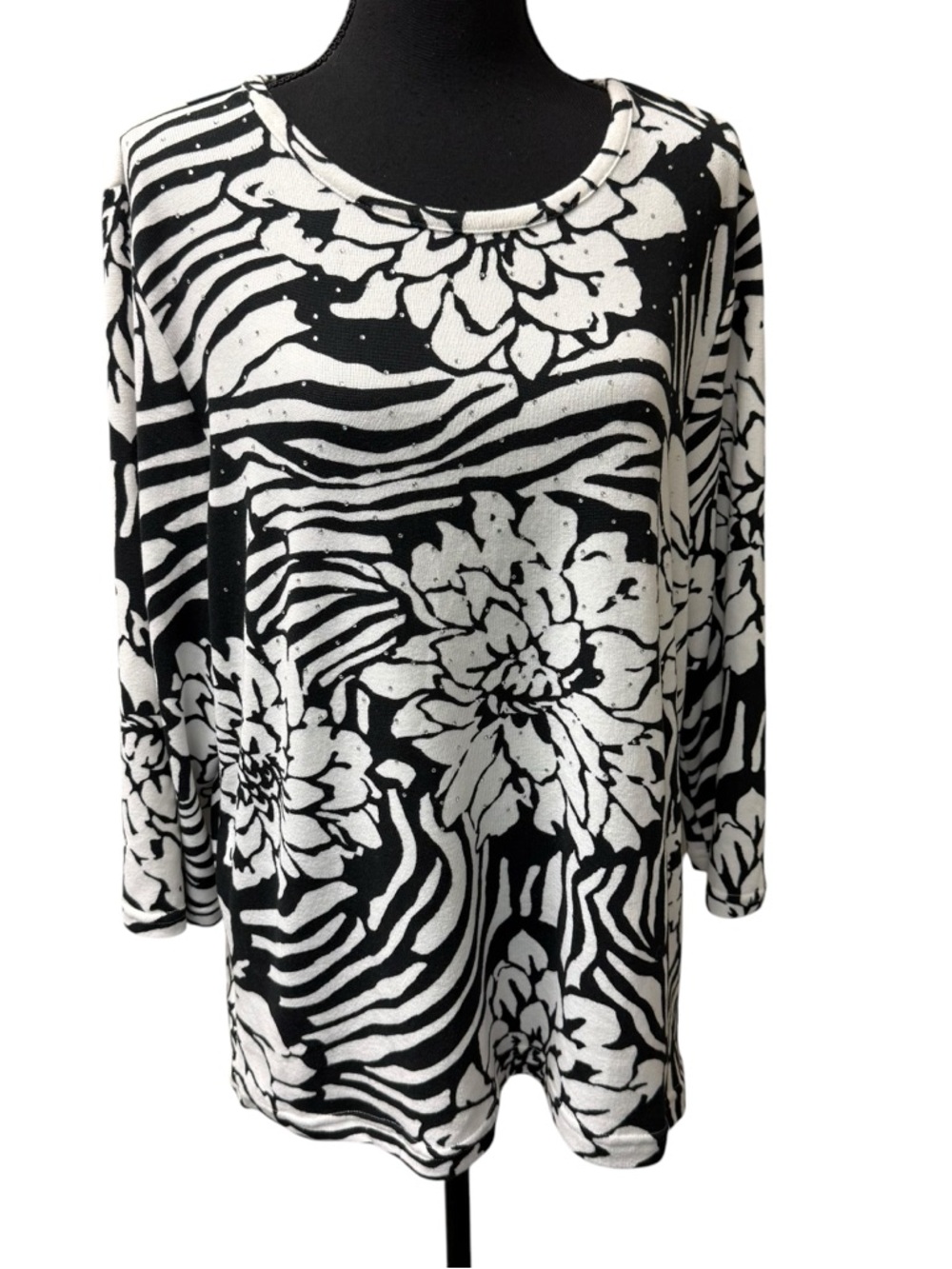 Rebecca Malone Zebra Floral Top XL Black White Rhinestone Stretch Blouse